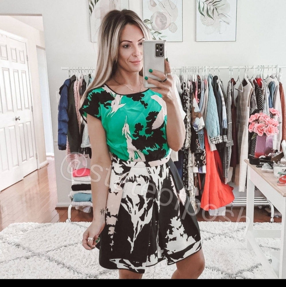 Tibi silk green printed pleated mini dress